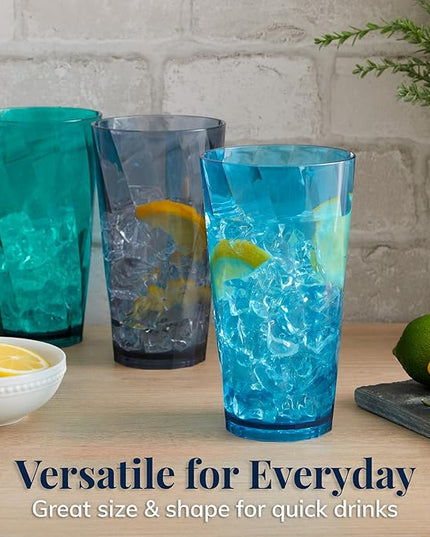 US Acrylic Optix Plastic Reusable Drinking Glasses (Set of 8) 20oz Water Cups in Coastal Colors | BPA-Free Tumblers, Made in USA | Top-Rack Dishwasher Safe