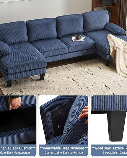 VINGLI 110" Sectional Couches for Living Room,U Shaped Couch with Double Chaise, 4-Seat Sofa Set with Corduroy Fabric for Home Furniture,Ocean Blue