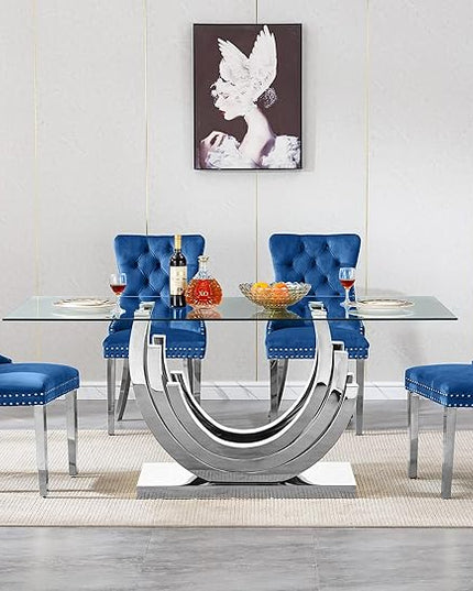 Henf 5-Piece Dining Table Set with 4 Upholstered Dining Chairs, Large Dining Table and Chair Set for 4, Modern Glass Kitchen Table Furniture for Dining Room, Glass Top and Stainless Steel Pesestal