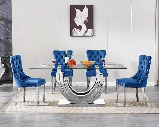 Henf 5-Piece Dining Table Set with 4 Upholstered Dining Chairs, Large Dining Table and Chair Set for 4, Modern Glass Kitchen Table Furniture for Dining Room, Glass Top and Stainless Steel Pesestal