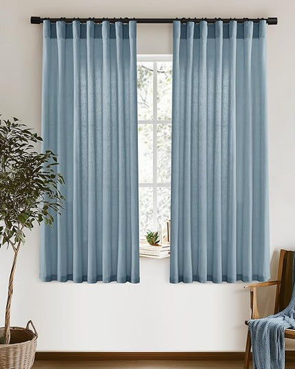 XTMYI Dusty Blue Curtains 63 Inches Long for Bedroom,Light Filtering Country Vintage Hooks Pleated Back Tab Semi Sheer Linen Curtains for Living Room 2 Panels Set,Grey Stone Blue