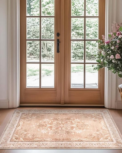 jinchan Vintage Floral 3x5 Area Rugs for Entryway - Machine Washable Distressed Design Ultra-Thin Low-Pile Soft Non-Shedding Carpet for Kitchen Bedroom Entrance Laundry Living Room (3x5ft, Coral Pink)