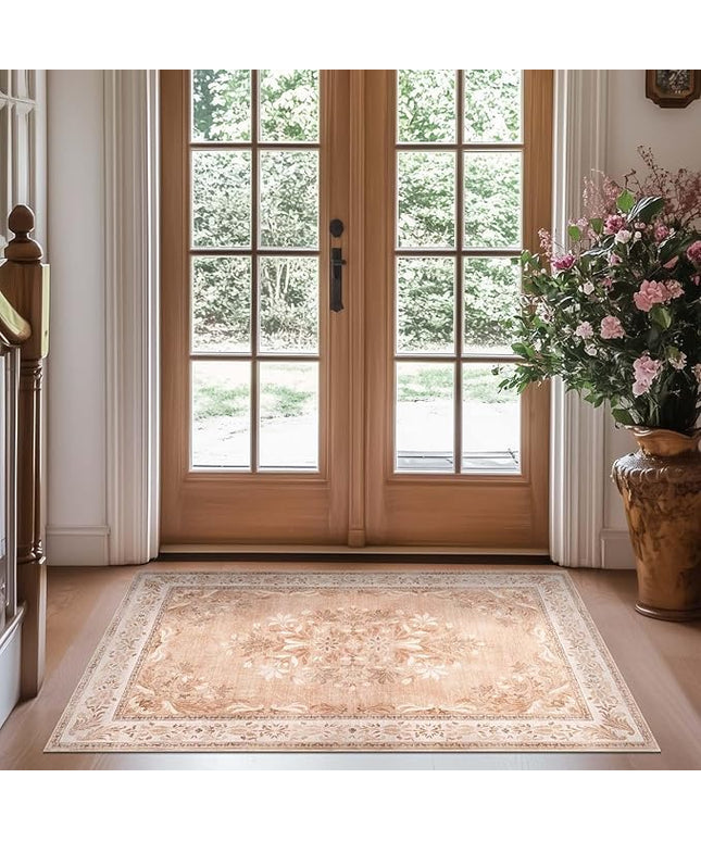 jinchan Vintage Floral 3x5 Area Rugs for Entryway - Machine Washable Distressed Design Ultra-Thin Low-Pile Soft Non-Shedding Carpet for Kitchen Bedroom Entrance Laundry Living Room (3x5ft, Coral Pink)