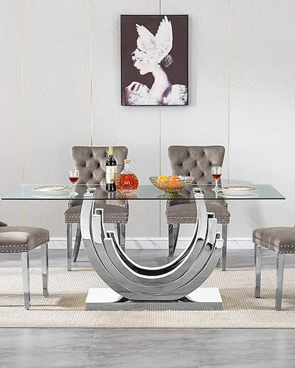 Henf 5-Piece Dining Table Set with 4 Upholstered Dining Chairs, Large Dining Table and Chair Set for 4, Modern Glass Kitchen Table Furniture for Dining Room, Glass Top and Stainless Steel Pesestal