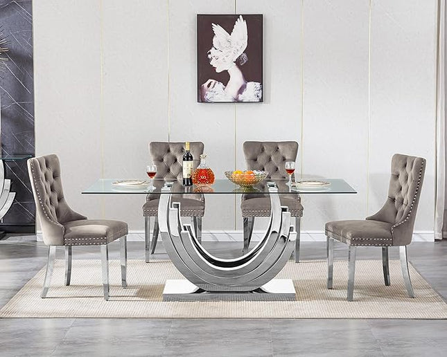 Henf 5-Piece Dining Table Set with 4 Upholstered Dining Chairs, Large Dining Table and Chair Set for 4, Modern Glass Kitchen Table Furniture for Dining Room, Glass Top and Stainless Steel Pesestal