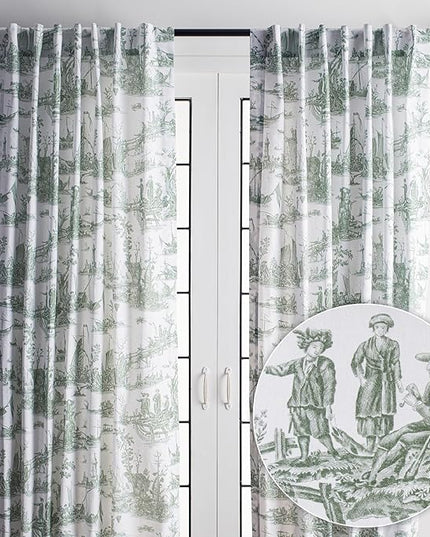 Maison d' Hermine Curtains for Living Room 100% Cotton 96 inch Length Two Panels Light Filtering Toile Curtains with Rod and Loop Pockets (Calais Antique Green (White Background), 50" W x 96" L)