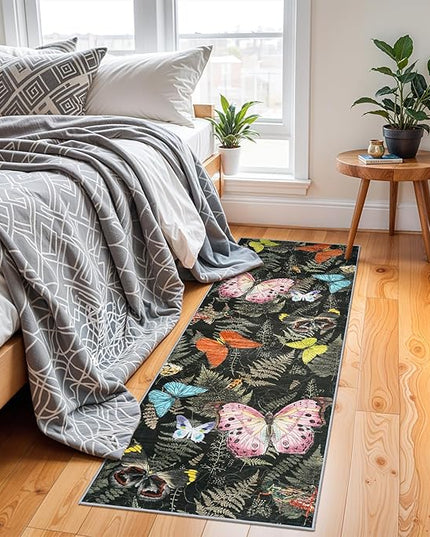 Washable Oriental Hallway Runner Rug - 2x6 Rugs for Living Room Soft Carpet for Bedroom Kitchen Waterproof Floral Indoor Stain Resistant Non-Shedding Floor Carpets (Black Green Butterfly, 2X6)