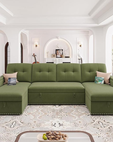 HIFIT 106" Sectional Couches for Living Room- Pull Out Sleeper Sofa Couch w/Storage Chaise,Storage Armrest,LED Light&USB Port&Cupholder,Modern Velvet U Shaped Home Sofa Living Room Furniture Set,Green