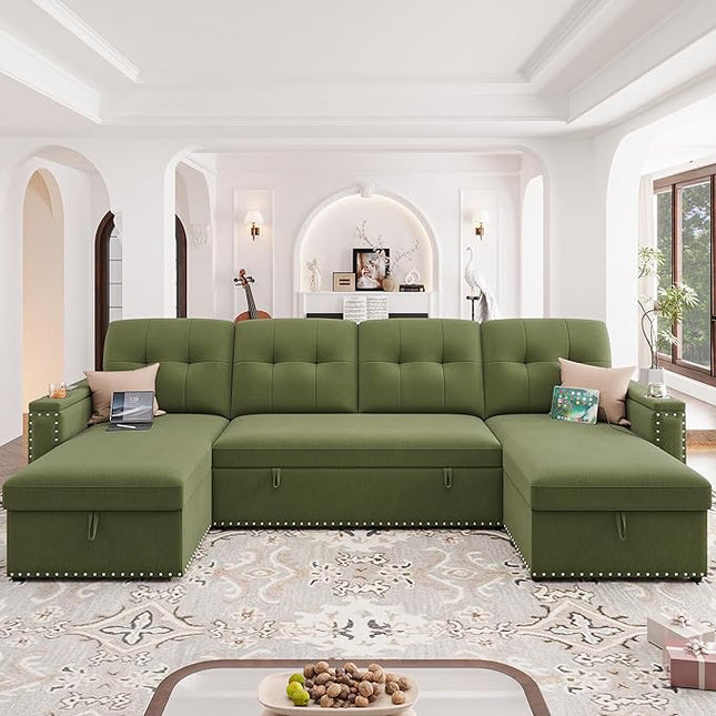 HIFIT 106" Sectional Couches for Living Room- Pull Out Sleeper Sofa Couch w/Storage Chaise,Storage Armrest,LED Light&USB Port&Cupholder,Modern Velvet U Shaped Home Sofa Living Room Furniture Set,Green