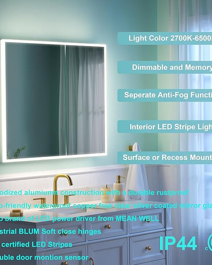 WELLFOR 30" X 30" Medicine Cabinet with Lights, 3X Magnification, Anti-Fog Mirrored Cabinet, Bathroom Vanity Medicine Cabinet with Outlets & USB Ports, Double Doors