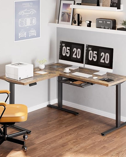 FLEXISPOT L Shaped Standing Desk, 63 x 55 Inch Electric Height Adjustable Corner Desk, Sit Stand Computer Workstation, Preset Controller, Home Office, Black Frame with Rustic Brown Top, Black Drawer