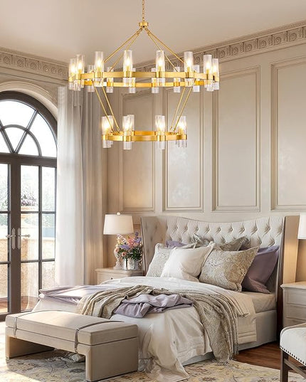 48" Modern High Ceiling Chandelier, 2 Tier Wagon Wheel Chandelier with Glass Shade, 24-Lights Large Round Modern Farmhouse Pendant Lighting Fixture for Dining Room, Living Room, Kitchen, Foyer