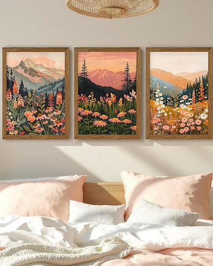 InspiredHues Colorful Landscape Boho Canvas Wall Art Set, 3 Piece Wildflower Mountain Wall Decor, Vintage Floral Rustic Nature Artwork Prints for Living Room Bedroom Office 16x24 Inch Wood Framed