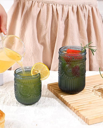 Blue Drinking Glasses Set of 12, 14 Oz Highball & 10 Oz Cocktail Glasses, Blue Kitchen Vintage Glassware Set, Floral Embossed Glass Tumbler Cups for Beer, Juice, Water, Whiskey, Coffee