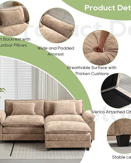 86" Modular Sectional Sofa, Comfy Cloud Couch Sectional Sofa with Ottoman, Chenille Sofa Sleeper Deep Seat Sofa with Throw Pillows for Living Room (Khaki, 86"- L Shape)