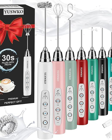 YUSWKO Milk Frother Handheld for Coffee, Rechargeable Drink Mixer with 3 Heads 3 Speeds Electric Coffee Frother Whisk, Gift for Many Occasions and Festival