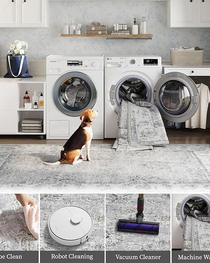 jinchan Fiora Runner Rug 3x8-2pcs Kitchen Washable Vintage Rug Hallway Rug Floral Print Floor Cover Indoor Thin Retro Mat Accent for Bathroom Laundry Room Bedroom Office Farmhouse (Double,Grey)