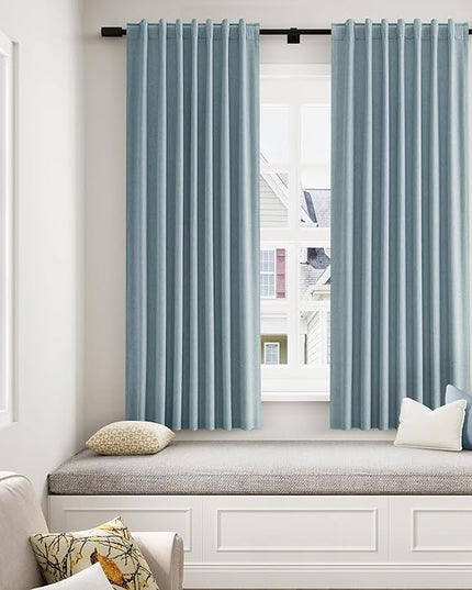 Guken Blue Linen Blackout Curtains 63 Inch Length 2 Panels Set for Living Room Bedroom Back Tab Thermal Insulated 100% Black Out Linen Drapes Room Darkening Window Curtains 63 Inches Long Dusty Blue