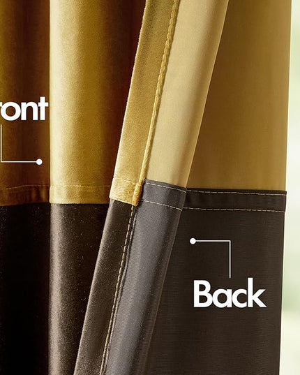 BULBUL Color Block Window Curtains Panels 96 inches Long Gold Brown Velvet Farmhouse Drapes for Bedroom Living Room Darkening Treatment with Grommet Set of 2