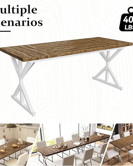 70.8 Inch Rectangular Dining Table for 6-8 People, Farmhouse Kitchen Table with Metal Base & Solid Wood Top, Easy Assembly, Water-Resistant, for Dining Room & Kitchen, Natural & White