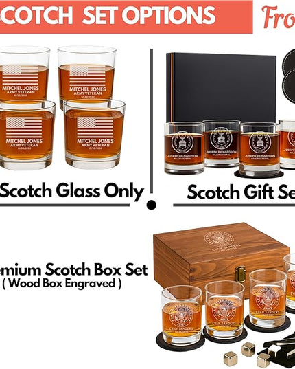 Personalized Military Sets - Custom Engraved Decanter & 4 Scotch Glasses - Army, Navy, Air Force, Coast Guard - Active Duty & Veterans (Scotch Glass Set)
