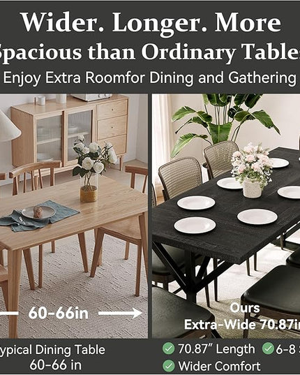 70.8 Inch Rectangular Dining Table for 6-8 People, Farmhouse Kitchen Table with Metal Base & Solid Wood Top, Easy Assembly, Water-Resistant, for Dining Room & Kitchen, All-Black