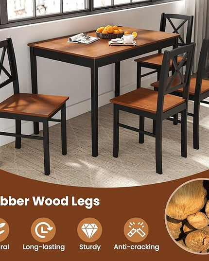 Tangkula Mid-Century Modern Dining Table Set for 4, 5-Piece Wooden Kitchen Table and Chairs, Compact Rubber Wood Dining Room Set for Small Spaces, Kitchen & Living Room