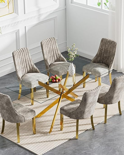 Rectangle Glass Dining Table Set for 6, 60'' Kitchen Table and Chairs Set, 7PCS Modern Dining Room Table Set with 6 Dining Chair for Home