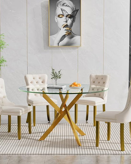 HomVent 5 Piece Round Glass Dining Table Set, Tempered Glass Dinner Table Set for 4 Kitchen Table Set with 4 Velvet Upholstered Chairs for Kitchen Dining Room