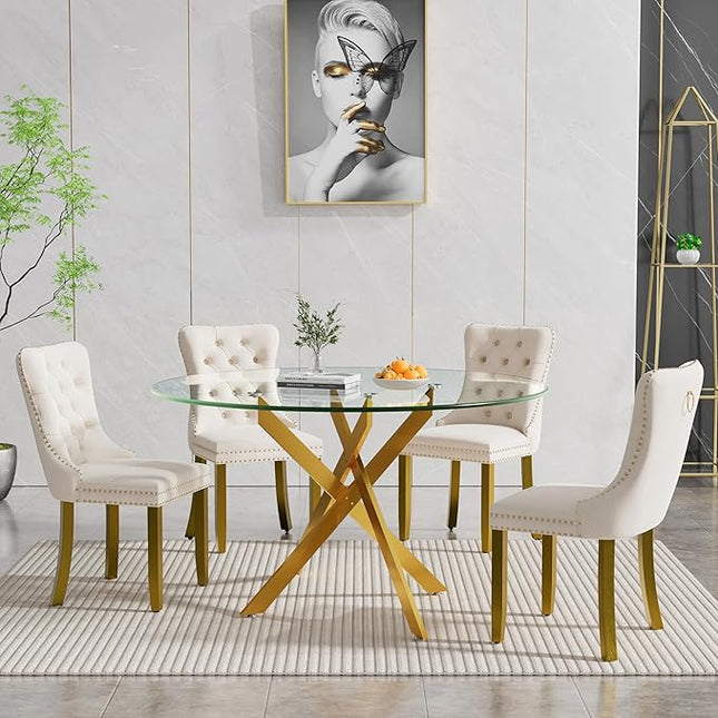HomVent 5 Piece Round Glass Dining Table Set, Tempered Glass Dinner Table Set for 4 Kitchen Table Set with 4 Velvet Upholstered Chairs for Kitchen Dining Room