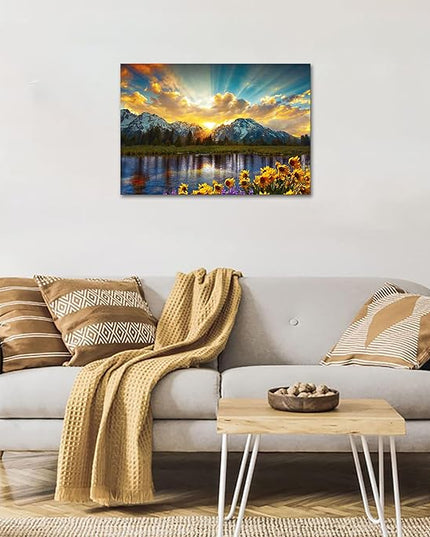 SKASNFAI Grand Teton National Park Wall Art Sunflower Landscape Canvas Mountain Artwork Landscape Print for Living Room Framed (28x44 inch)
