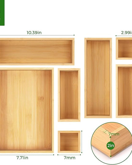 Bamboo Drawer Organizer Set, 14 PCS Multi-Use Individual Wood Storage Organizers, Junk Drawer Divider and Storage Trays Containers for Kitchen, Bathroom, Office Desk, Makeup, Jewelry, Utensils