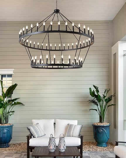 Wagon Wheel Chandelier Farmhouse 2 Tier 64-Light 70-Inch, Black Industrial Chandelier Rustic Candle Pendant Light Fixture Extra Large for High Ceilings, Dining Room, Living Room, Foyer, E12