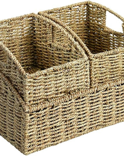 Ollieroo Natural Seagrass Storage Baskets, Handwoven Wicker Storage Bins with Built-in Handles, Storage Container Baskets for Shelves, Bedroom, Bathroom, Laundry Room or Kitchen(Green)