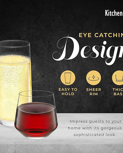 Short & Tall Drinking Glasses Set of 8 - 4 Tall Water Glasses and 4 Short Small Glass Cups Set - Elegant Glass Drinkware - Deluxe Glassware Sets for Highball Sparkling Cocktails, Wine, Beer, Whiskey