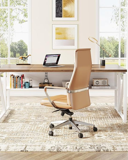 Tribesigns 63 inches Computer Desk with Bottom Storage Shelf Home Office Desk Writing Table for Workstation,Dark Walnut + Steel Leg， Cabinet not Included (Light Walnut, 63-inch-with Shelf)
