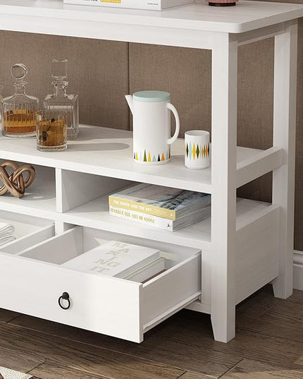 Karl home Console Table with 3 Bottom Drawers, 57.9" W Sofa Side Table Entryway Desk with 3 Storage Cubbies 1 Open Shelf, Vintage TV Stand for Hallway Living Room Office, White 29.9" H