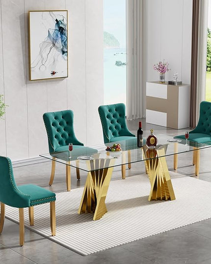 5 Piece Glass Dining Table Set,70" Dinner Room Glass Table Set for 4,Modern Kitchen Dinner Table Set with Stainless Steel Base and 4 Upholstered Velvet Dining Chairs for Living Dining Room