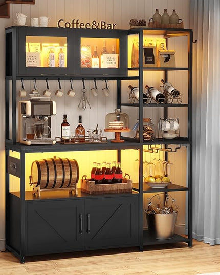 Itaar Bakers Rack with Power Outlet and LED Light, 45.3 Inch Farmhouse Coffee Bar Cabinet, Kitchen Microwave Stand with Storage, Glass Cabinet, Goblet Holder and 8 Hooks, Black