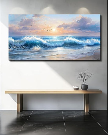 XIGUANGART Blue Ocean Paintings Canvas Prints Wall Art for Living Room Large Wall Decor for Bedroom Modern Minimalist Artwork Beach Sunrise Sea Wave Nature Pictures Office and Bathroom Home Decor