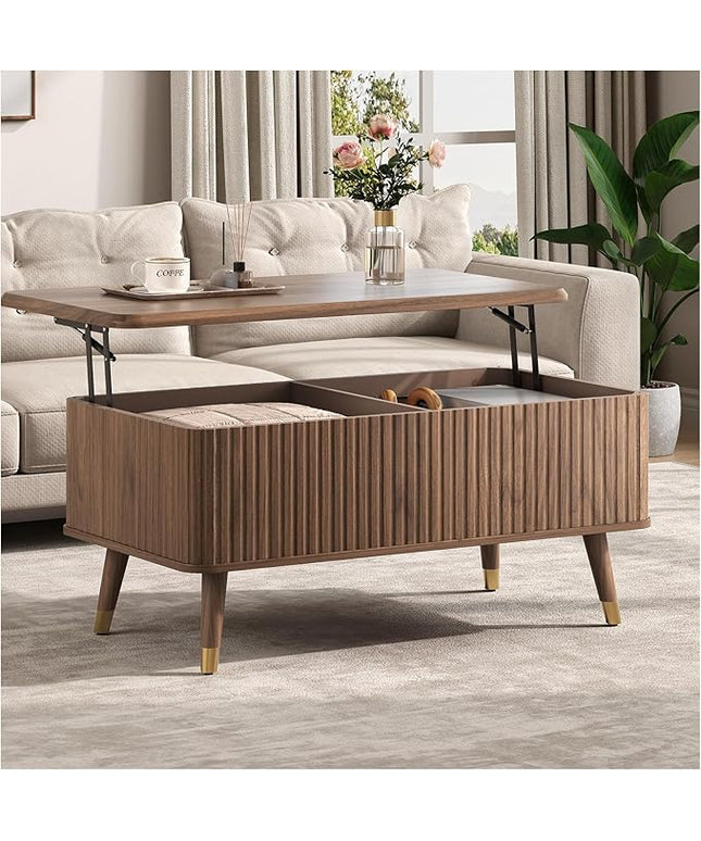 Lift Top Coffee Table with Storage, Mid Century Modern Coffee Table with Solid Wood Legs, 38" Minimalist Fluted Center Table for Living Room, Home Office, Walnut