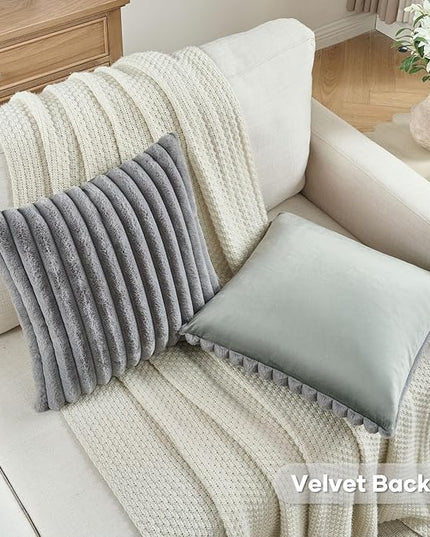FUTEI Grey Throw Pillow Covers Set of 2, 28x28 Inch Striped Texture Euro Pillow Shams with Soft Faux Rabbit Fur Front & Velvet Back, Modern Decorative Couch Pillows for Living Room