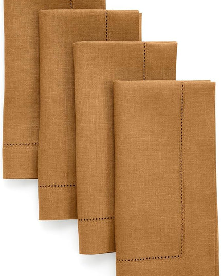 Solino Home Linen Cloth Napkins Set of 4-100% Pure Linen Brown Sugar Dinner Napkins 20 x 20 Inch - Classic Hemstitch, Handcrafted and Machine Washable