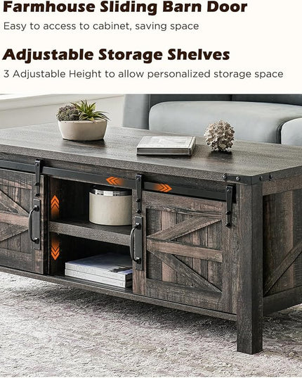 OKD 48" Farmhouse Lift Top Coffee Table with Sliding Barn Door,Rustic Center Table with Hidden Storage Compartment,Lifting Tabletop and Adjustable Shelf for Living Room,Office,Dark Rustic Oak