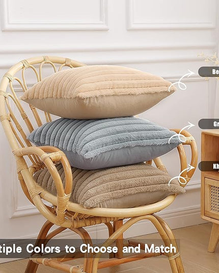 Pallene Faux Fur Plush Throw Pillow Covers 20x20 Set of 2, Luxury Soft Fluffy Striped Decorative Pillow Covers for Sofa, Couch, Living Room, Grey