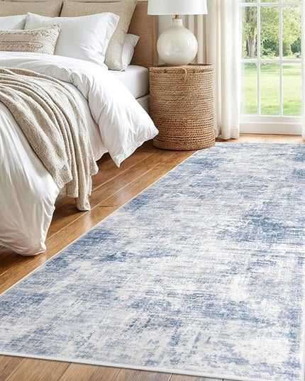 IOHOUZE Abstract Runner Rug 3x8 Ft Washable Runners for Hallways, Non Slip Kitchen Runner Printed Faux Wool Entryway Runner Indoor, Modern Abstract Floor Carpet for Hall Bedroom, Light Blue White