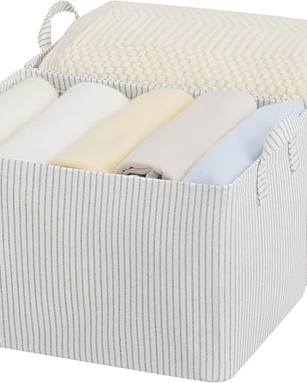 StorageWorks Storage Bins, Fabric Storage Bins for Shelves, Large Storage Baskets with Metal Frame, Closet Baskets and Bins with Handles, Khaki and Beige Stripes, 2-Pack