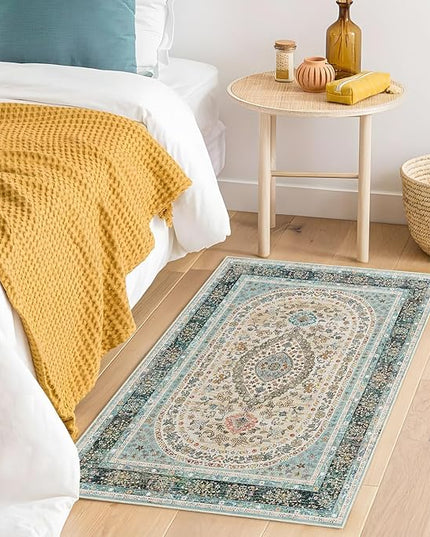 Small Rugs 2x3,Blue Rug for Entryway Bathroom Bedroom Kitchen Entrance Doormat,Boho Vintage Bohemian Distressed Washable Oriental Accent Floor Throw Carpet Non Slip, Floral