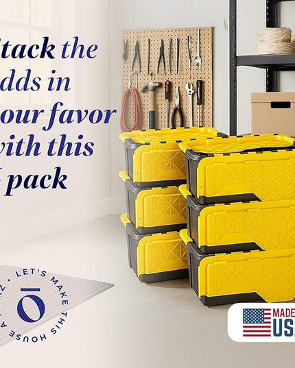 HOMZ 6-Pack Durabilt Tote, Heavy Duty Plastic Storage Bins with Lids, 15 Gallon, Black/Yellow - Stackable Organizing Containers for Home, Garage, and Office