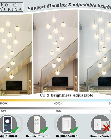 KoKo&Yukina 12-Light Gold Mid Century Modern Chandelier for Living Room Staircase Chandelier for Entryway Globe Milky White Glass Pendant Light High Ceiling Chandeliers Foyer (Bulb & Remote Incl.)